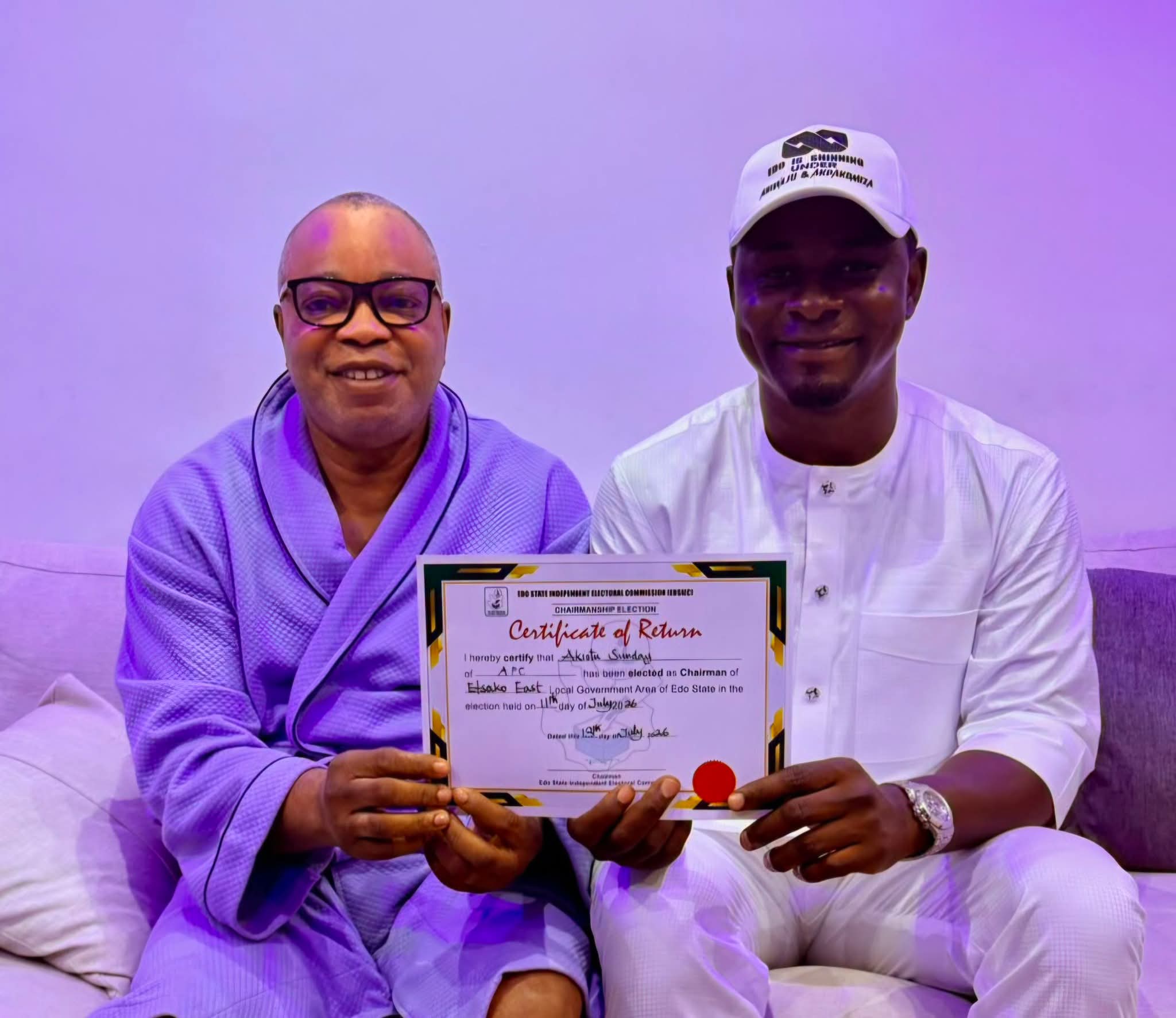 Touching Moment as Etsako East Chairman–Elect Sunny Ekpeson Presents Certificate of Return to APC Chairman Jarrett Tenebe in Benin, Celebrating Loyalty, Leadership and Victory