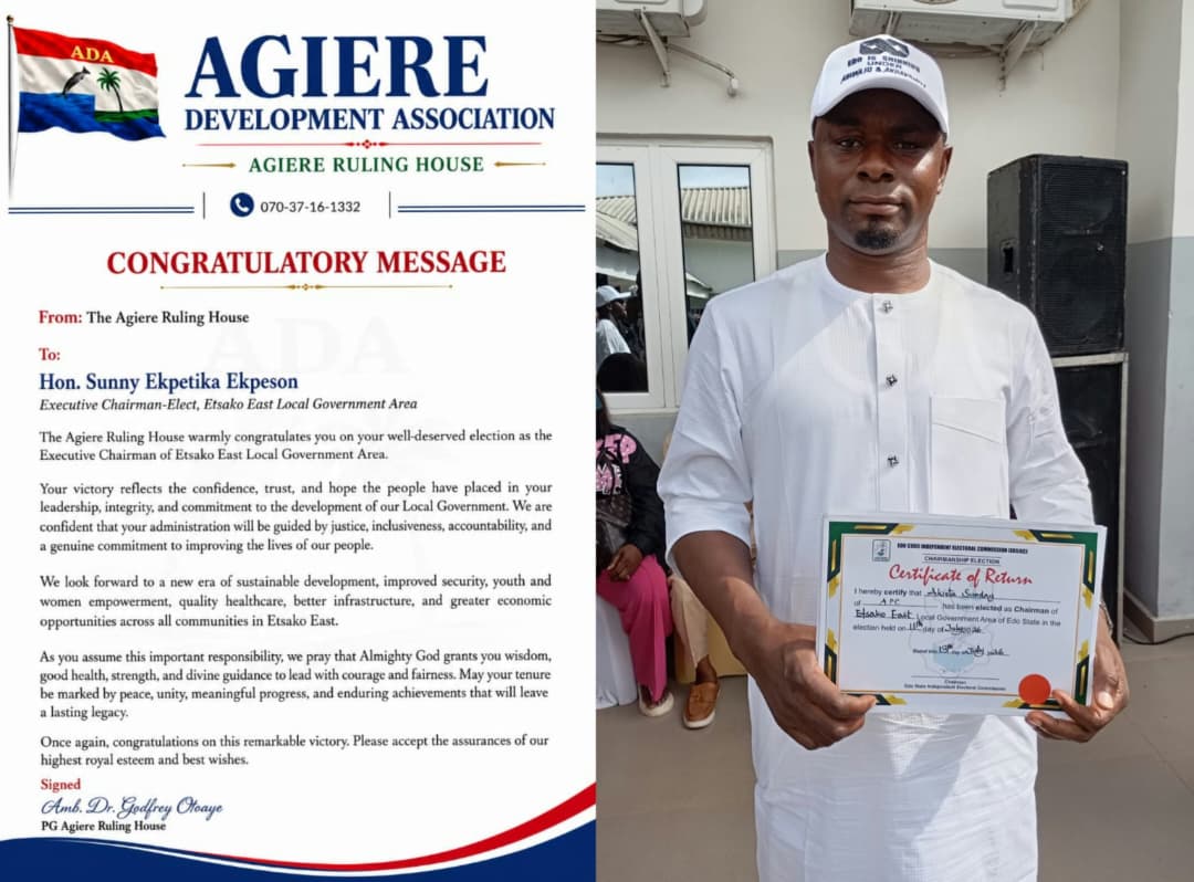 Agiere Ruling House Congratulates Sunny Ekpeson As Etsako East Council Chairman Elect