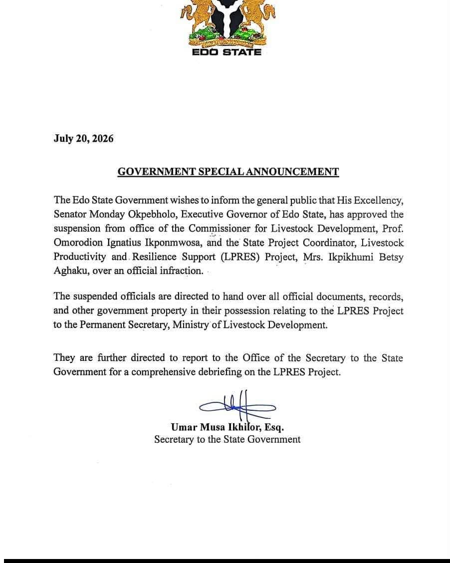 Okpebholo Suspends Edo Livestock Commissioner, LPRES Coordinator Over Official Infraction