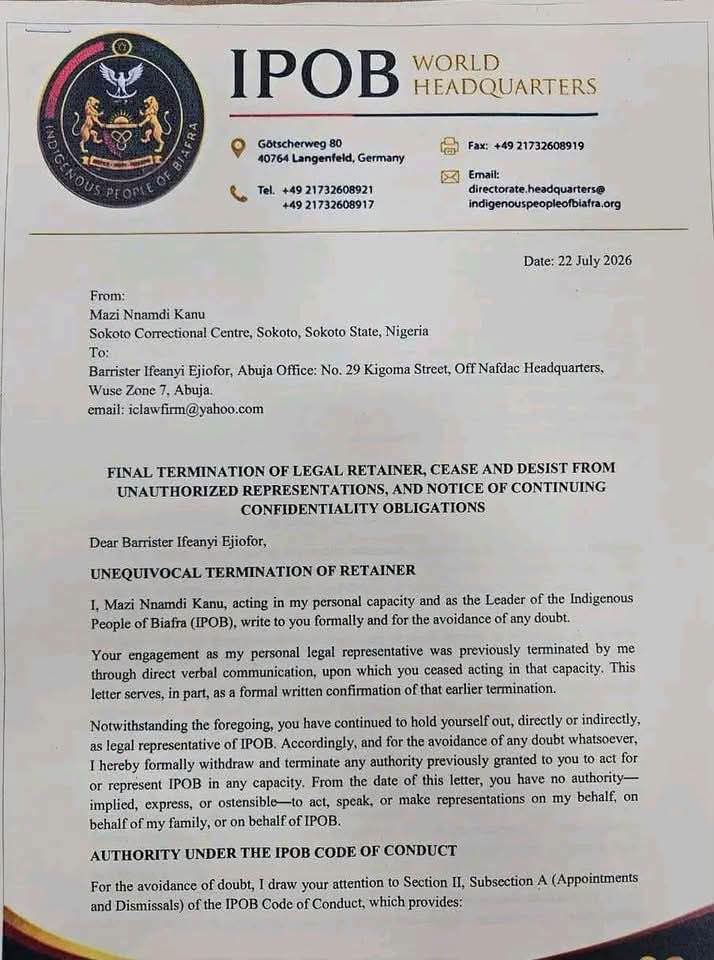 JUST IN: Nnamdi Kanu Sacks Longtime Lawyer, Withdraws Authority To Represent Him Or IPOB [SEE PHOTOS]