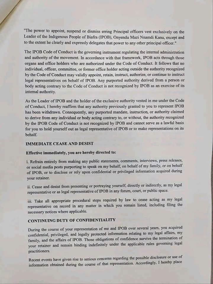 JUST IN: Nnamdi Kanu Sacks Longtime Lawyer, Withdraws Authority To Represent Him Or IPOB [SEE PHOTOS]