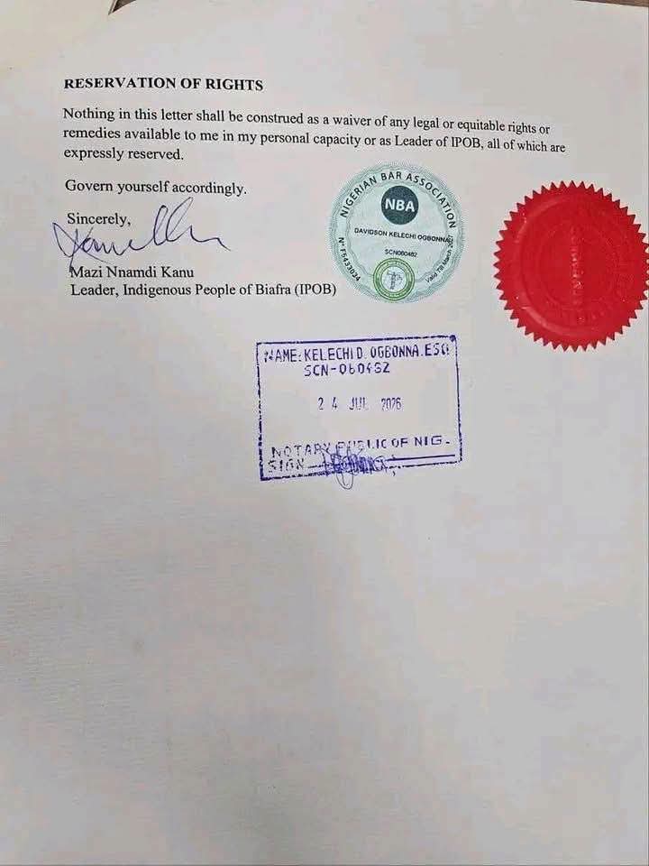 JUST IN: Nnamdi Kanu Sacks Longtime Lawyer, Withdraws Authority To Represent Him Or IPOB [SEE PHOTOS]