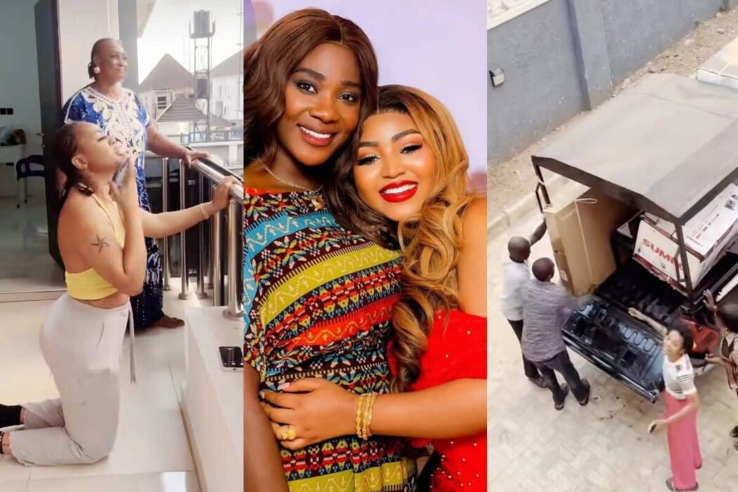 Regina Daniels Overjoyed As Mercy Johnson Gifts Her Brand-New TV For Abuja Home