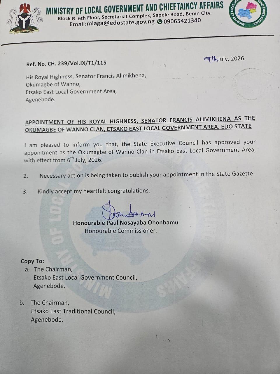 CONGRATULATORY MESSAGE TO THE OKUMAGBE-DESIGNATE