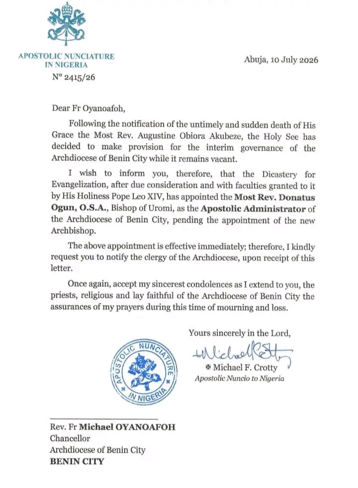 BREAKING: The Catholic Church Appoints Bishop Donatus Ogun As Apostolic Administrator Of The Catholic Archdiocese Of Benin City